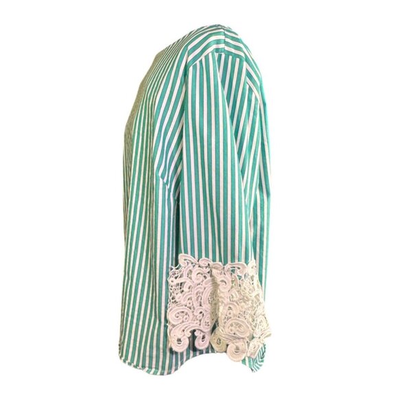 Liz Claiborne Green & White Striped Blouse W/ Lace Cuff Detail M Cotton Blend - Picture 5 of 9